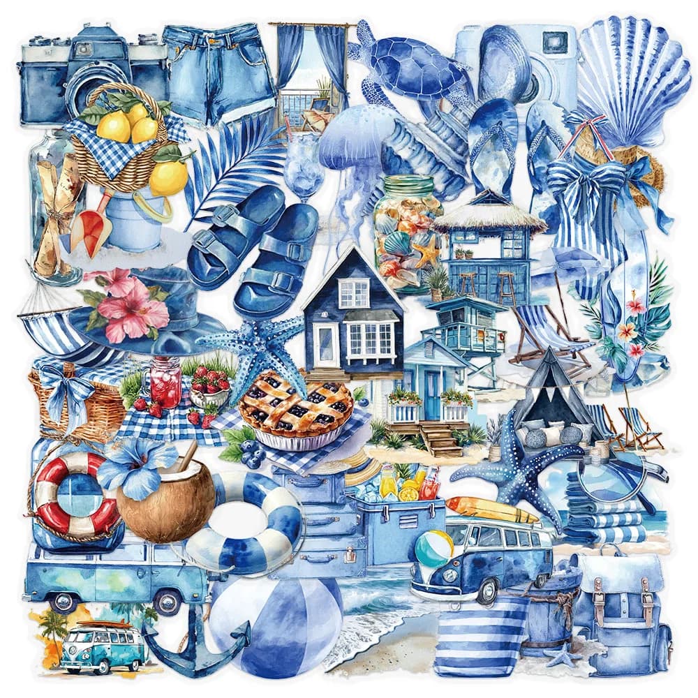 Confezione da 50 adesivi impermeabili blu spiaggia estiva Decalcomanie decorative in PET trasparenti per bottiglie d'acqua Notebook di cancelleria per telefono