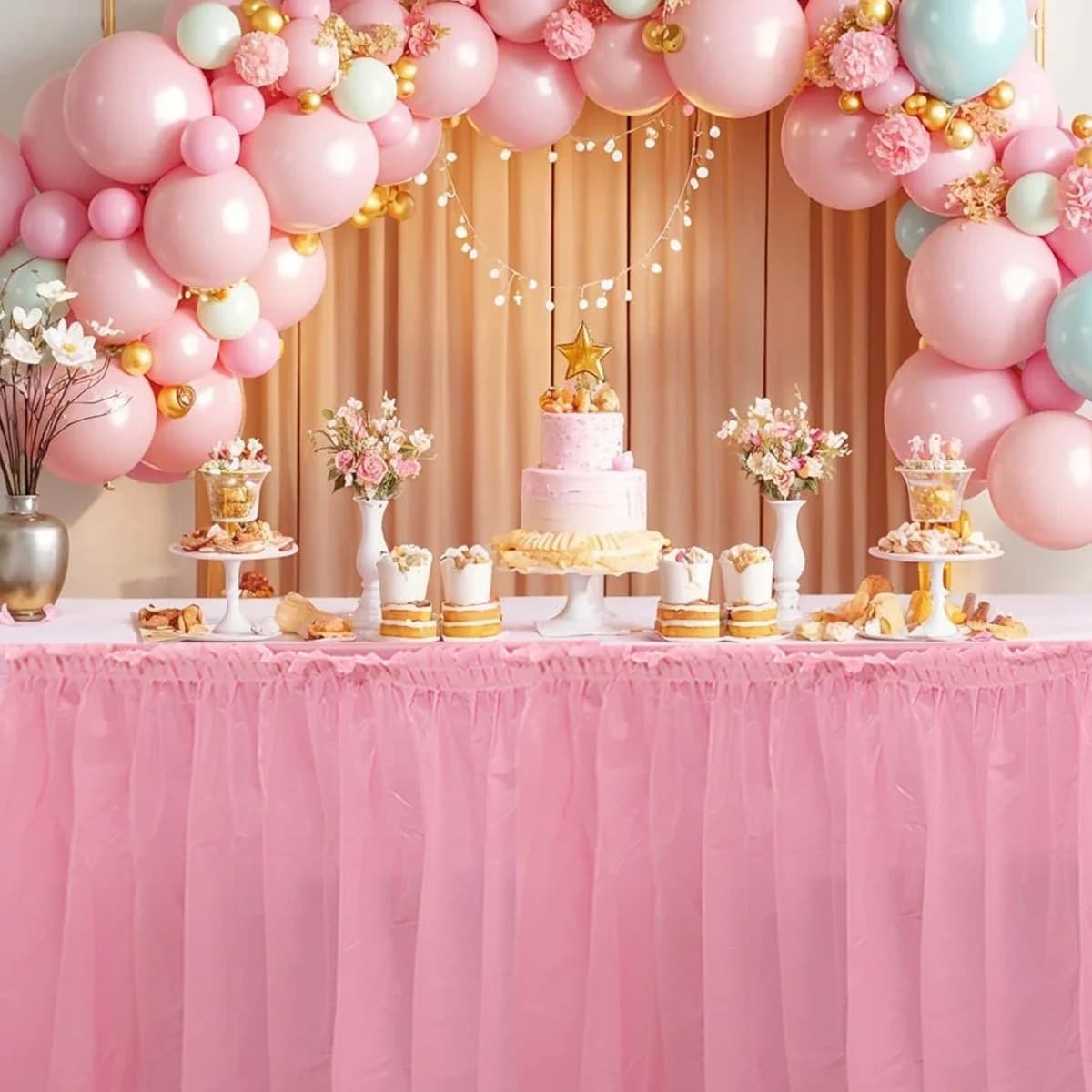 1 set di gonne da tavolo usa e getta, tovaglia rettangolare in PE e decorazioni per gonne da tavolo per matrimoni, compleanni e feste.