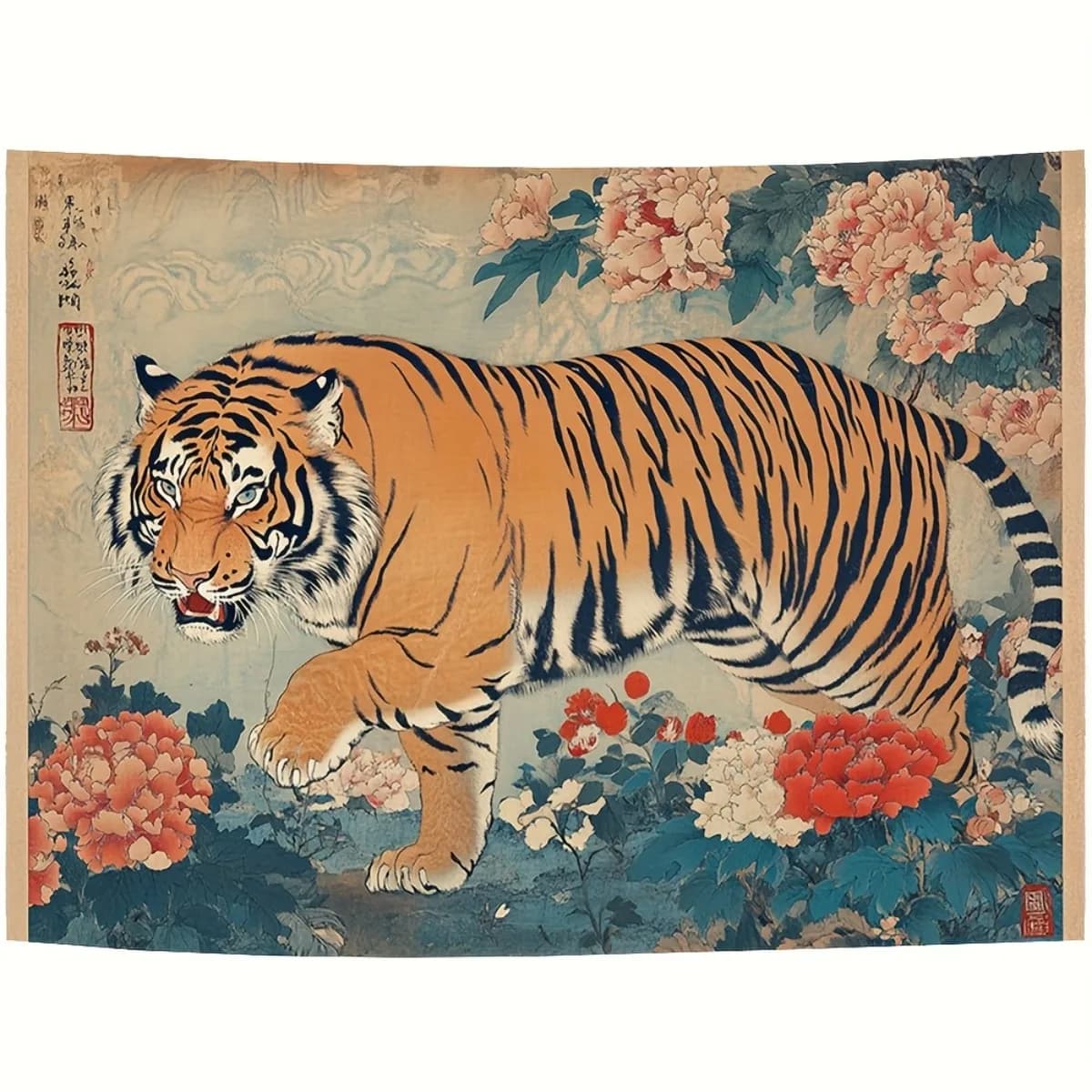 1pc Large Tapestry Inspired by Hokusai Art, Japanese Ukiyo-e Tiger & Floral Pattern, Wall Decor for Home Party & Events