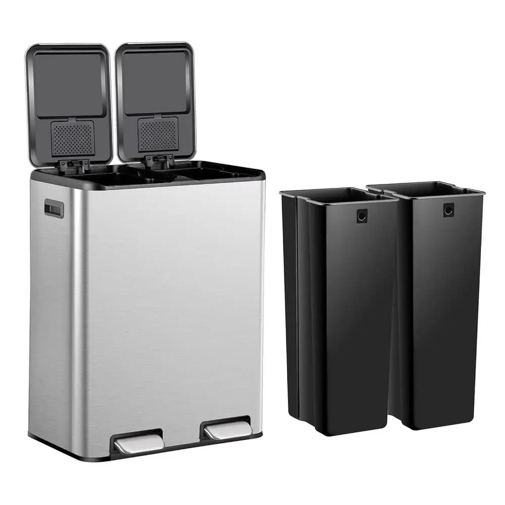 Bidone per Rifiuti e Riciclaggio in Acciaio Inox da 60L (16 Galloni) con Pedale, Contenitori Rimovibili, Coperchio a Chiusura Morbida, Argento