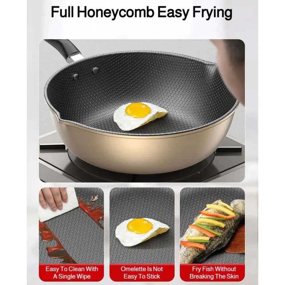 Padella Antiaderente con Motivo a Nido d'Ape, Rivestimento Resistente ai Graffi, Superficie Antiaderente, Wok Multifunzionale per Cucinare