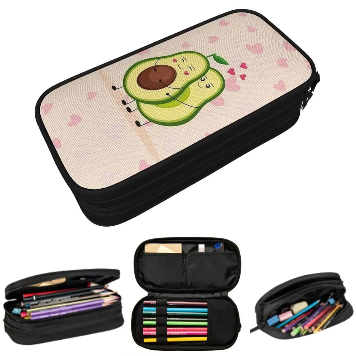 Astuccio per matite con motivo avocado e cuori in stile cartone animato per bambini, astuccio per la scuola, borsa per matite, articoli di cancelleria, borsa porta penne