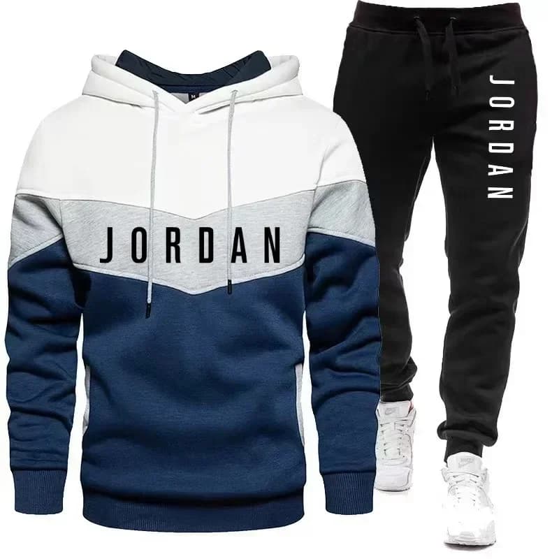 Men Jordan Letter Print Tracksuit Color Block Patchwork Hooded Sweatshirt & Sweatpants Set Sports Jogging Two Piece Outfit