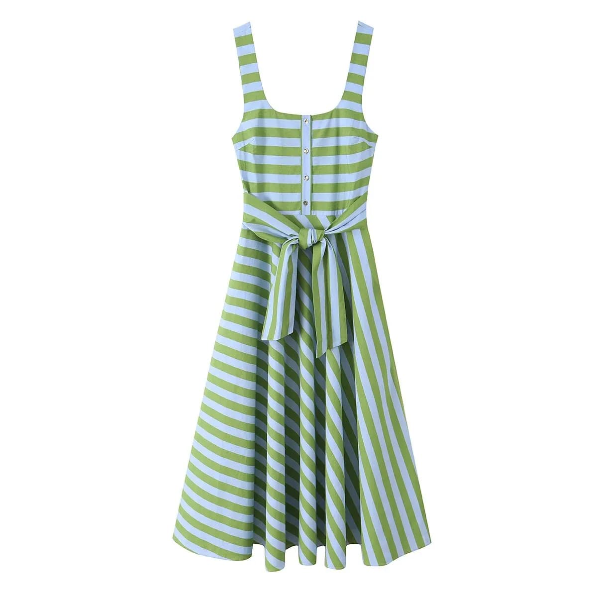 European and American style 2026 summer new fashion versatile slim fit belted striped wide shoulder midi dress