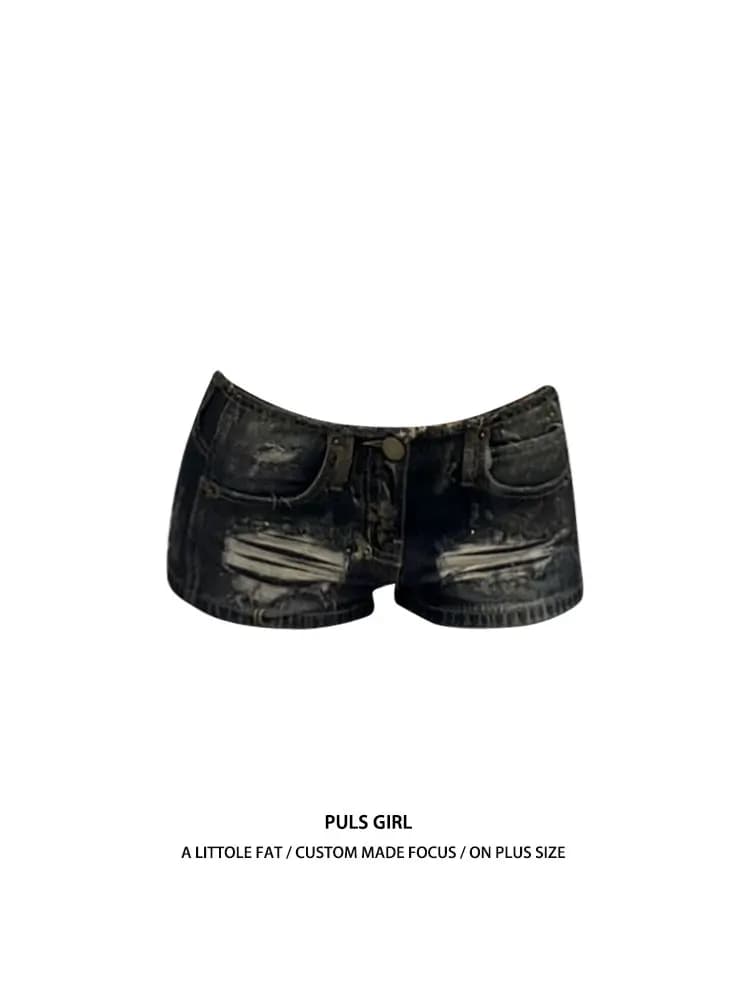 Retro Heavyweight Distressed Low Waist Denim Shorts Women's Sexy Hot Pants Summer Casual Pure Color plus Size Ladies Jeans