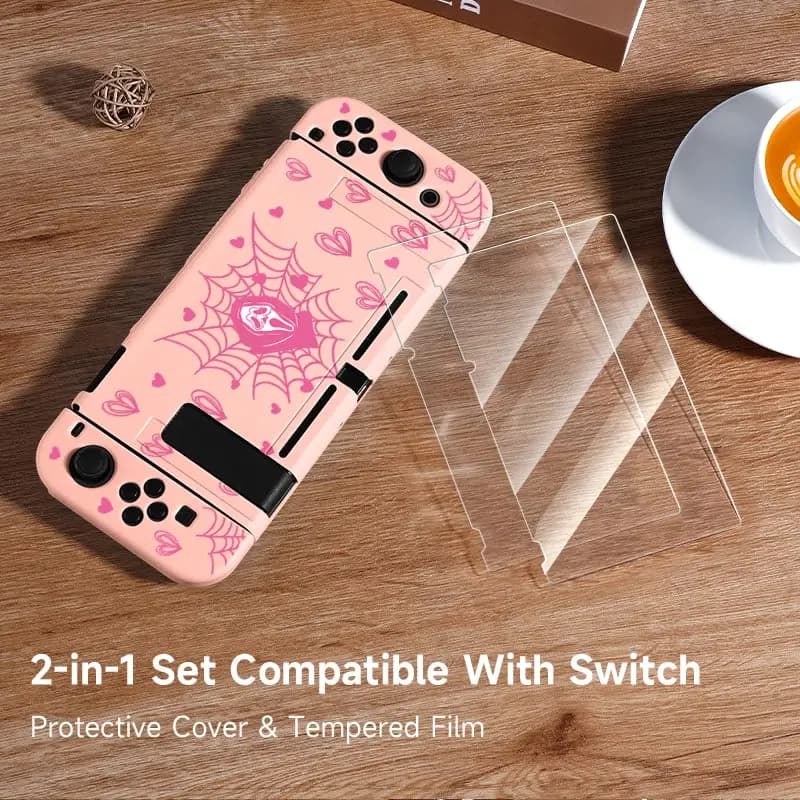 1 pz rosa cuore teschio custodia con 2 x proteggi schermo in vetro temperato per interruttore NS/Oled/Lite, resistente alla caduta e ai graffi
