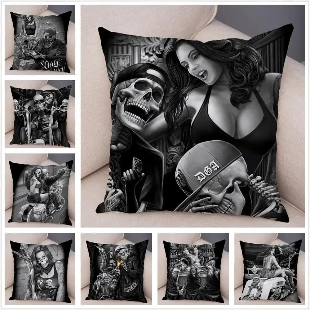 Teschio moto e ragazza Sexy fodera per cuscino divano casa anima morta federa decorazione poliestere cartone animato