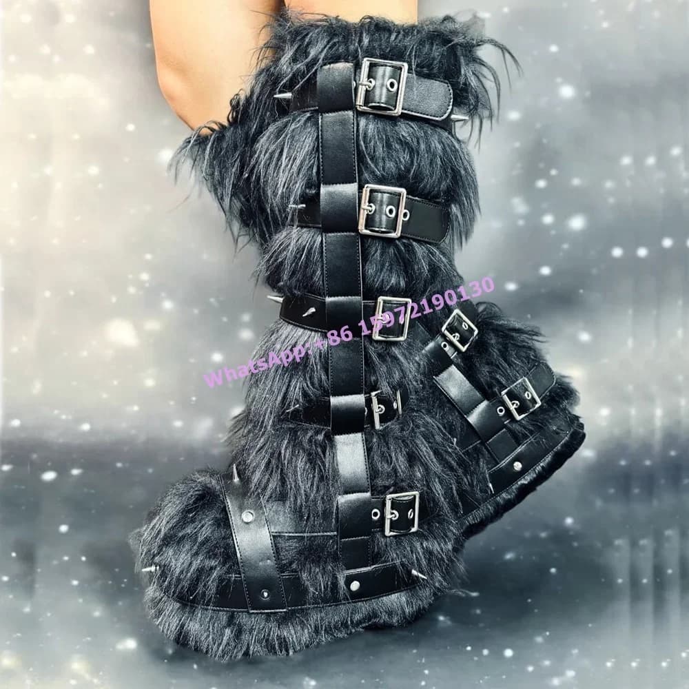 Furry boots with plateau and belt Round toe with thick sole Soft warm winter boots with fashionable buckle Lovely women's shoes and pink black
