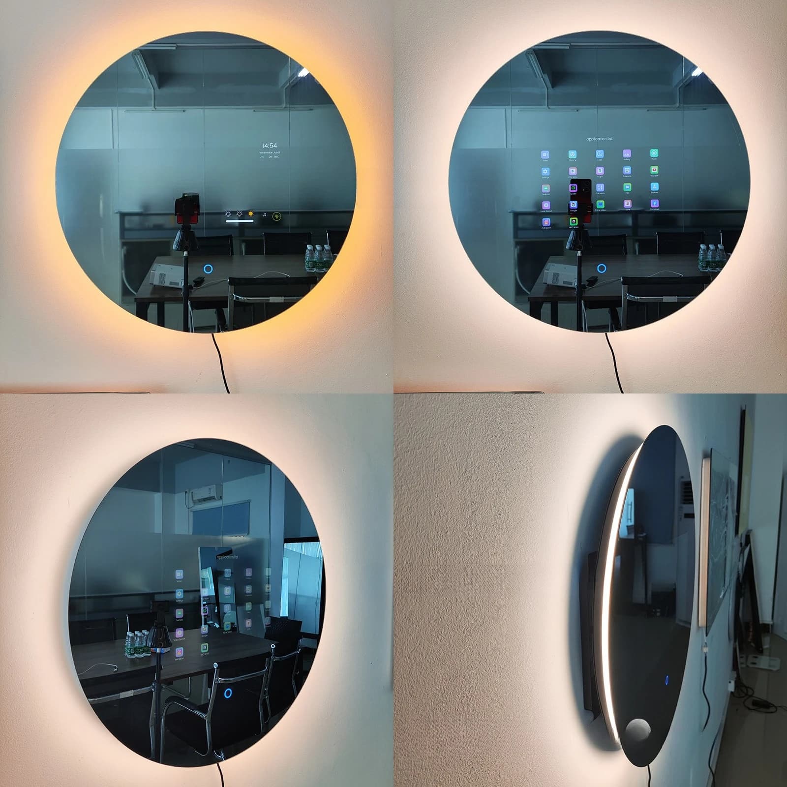 Specchio per il trucco intelligente rotondo per camera da letto, specchio per il bagno, specchio magico Android, cinturino impermeabile, touch screen da 15,6 pollici
