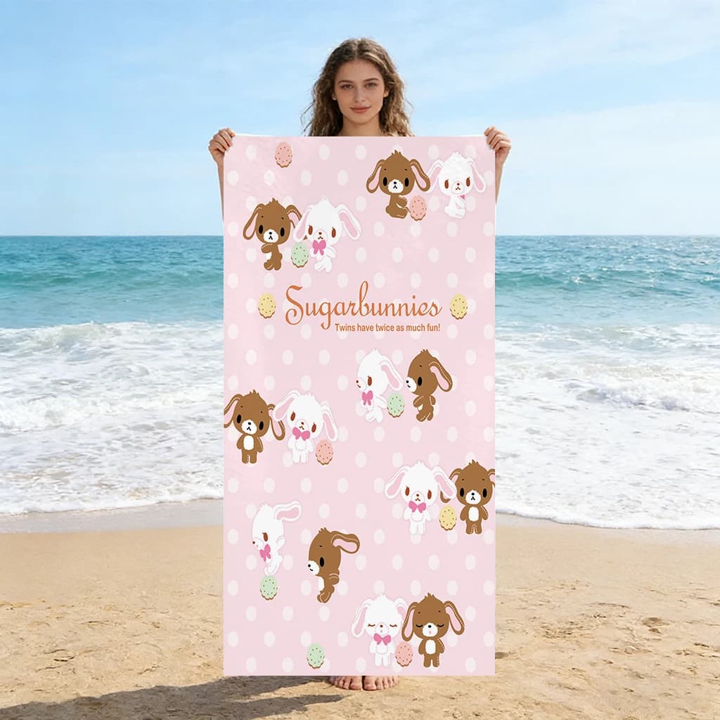 Asciugamano da spiaggia Sanrio Sugarbunnies a pois, asciugamano in microfibra ad asciugatura rapida, simpatico asciugamano da bagno rosa con cartoni animati per spiaggia, piscina e viaggi
