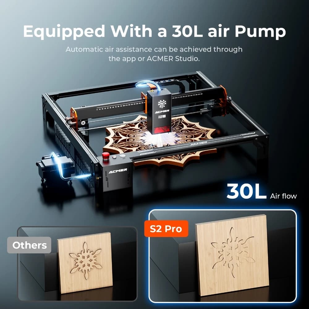 ACMER S2 PRO 48W/36W Laser Engraving Cutting Machine APP Control With 30L/min Air Assist Pump High Power Blue Diode CNC Cutter