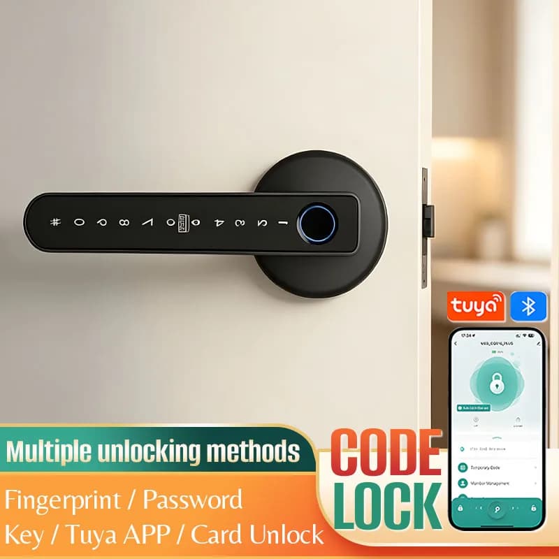 Home Security Lever-handle Lock Security Door Code Lock Fingerprint Unlocking Smart Door Lock Tuya System Key/Card Unlock