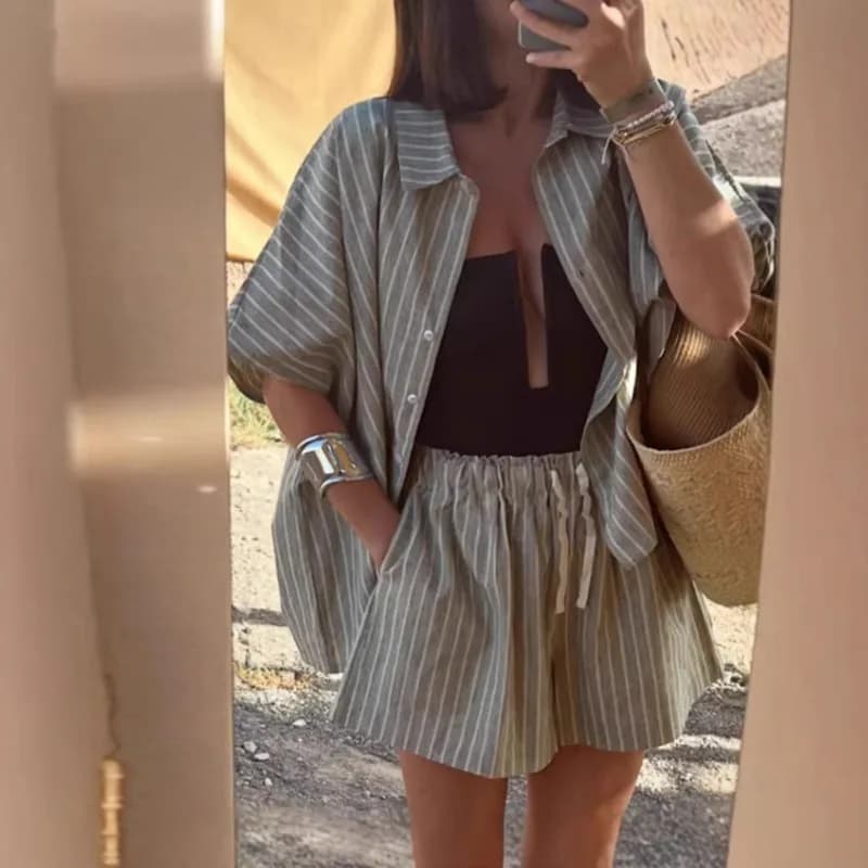 2026 Summer Casual Striped Lace Up Women Shorts Suits Lapel Half Sleeve Single Breasted Shirt Wide Leg Shorts New Chic Lady Sets