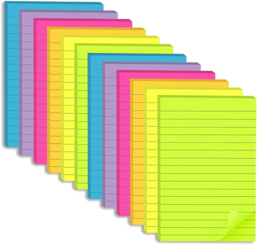 Confezione da 12 Blocchetti Adesivi a Righe 4x6 Pollici, Grandi Blocchi Note con Super Potere Adesivo, Colori Vivaci per Ufficio e Scuola