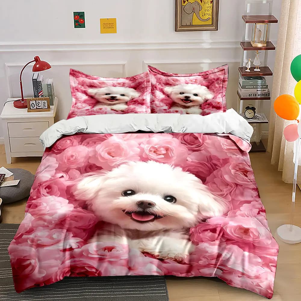 Set copripiumino con motivo cucciolo bianco circondato da fiori rosa, stampa digitale, biancheria da letto colorata in poliestere con chiusura a cerniera