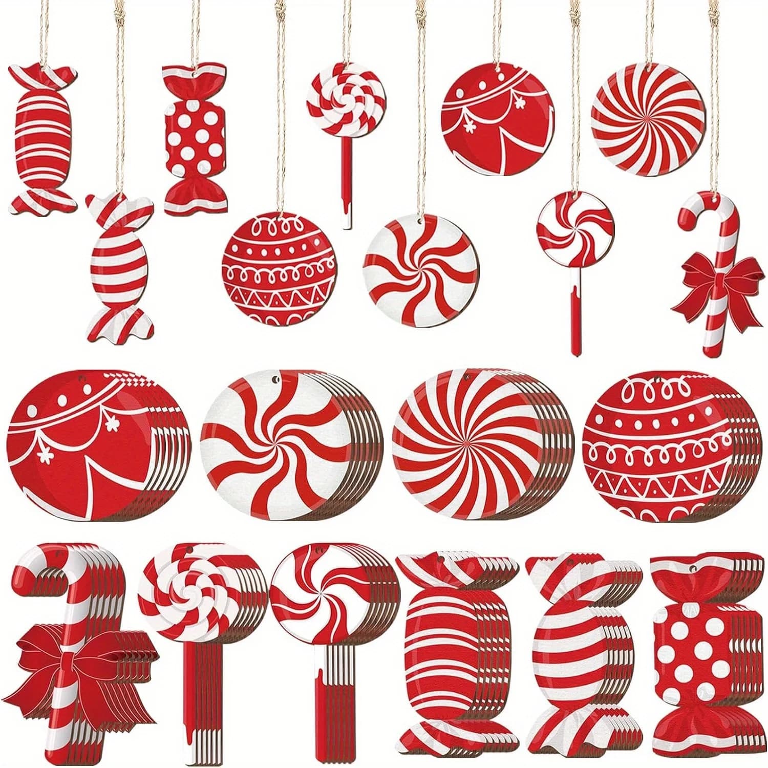 20 pezzi di caramelle rosse di Natale in legno set regalo decorazione ciondolo albero di Natale camino finestra ciondolo forniture per feste di Natale