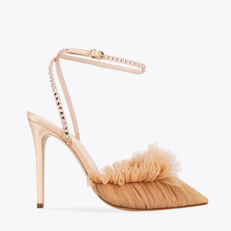 Scarpe con tacco alto estive nuove con punta a punta, in rete, con pizzo arricciato e strass, sandali da banchetto, taglie grandi, personalizzabili, da donna