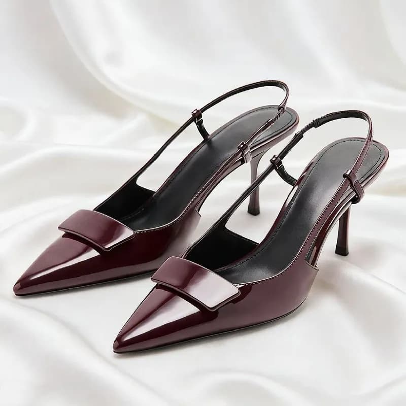 Sandali con Tacco di Lusso Bordeaux da Donna, con Fibbia Quadrata Decorativa, Punta Affusolata, Slingback, Scarpe Estive Comode di Design