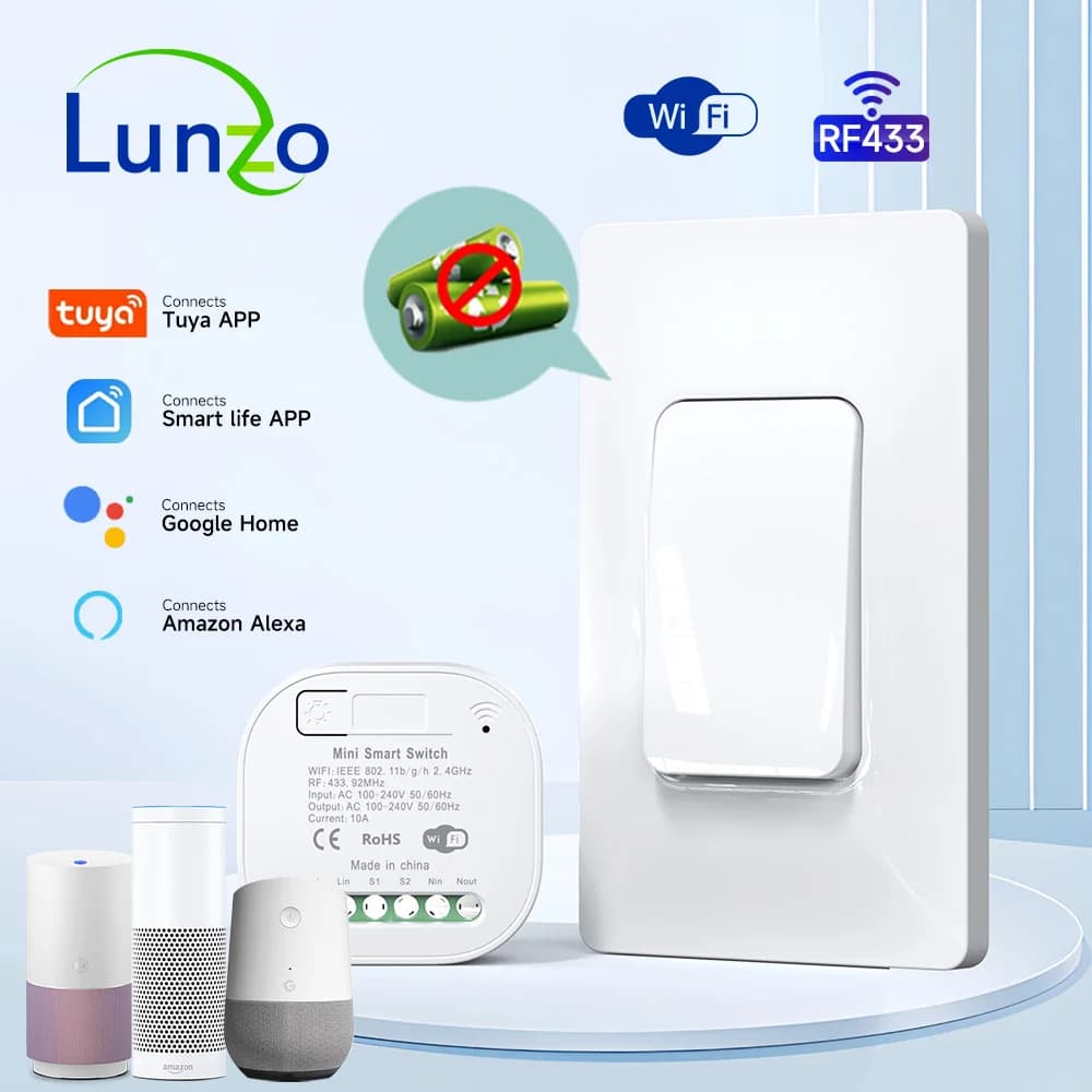Tuya Smart Switch RF433 Wireless Remote Controller WiFi Timer No battery Wall Panels Light switch with voice control Alexa