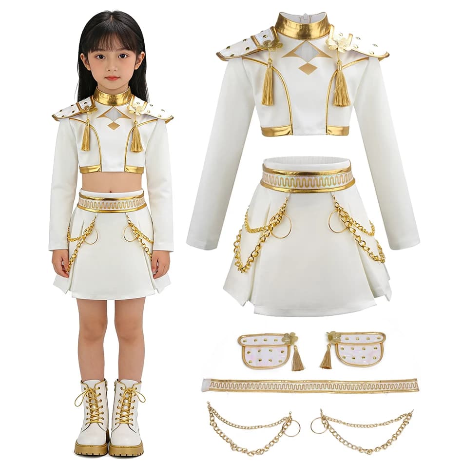 Costume da festa di Halloween in stile K-POP per bambini Vestito da spettacolo idol con top glitter e gonna Costume da gruppo magico bianco per ragazze