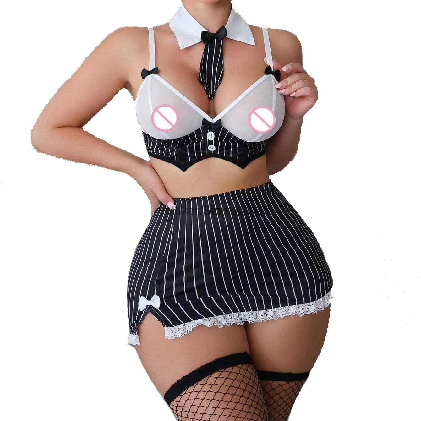 Uniforme da segretaria da donna per ufficio, insegnante sexy, costumi esotici, minigonna con fiocco a righe, set di biancheria intima erotica per cosplay