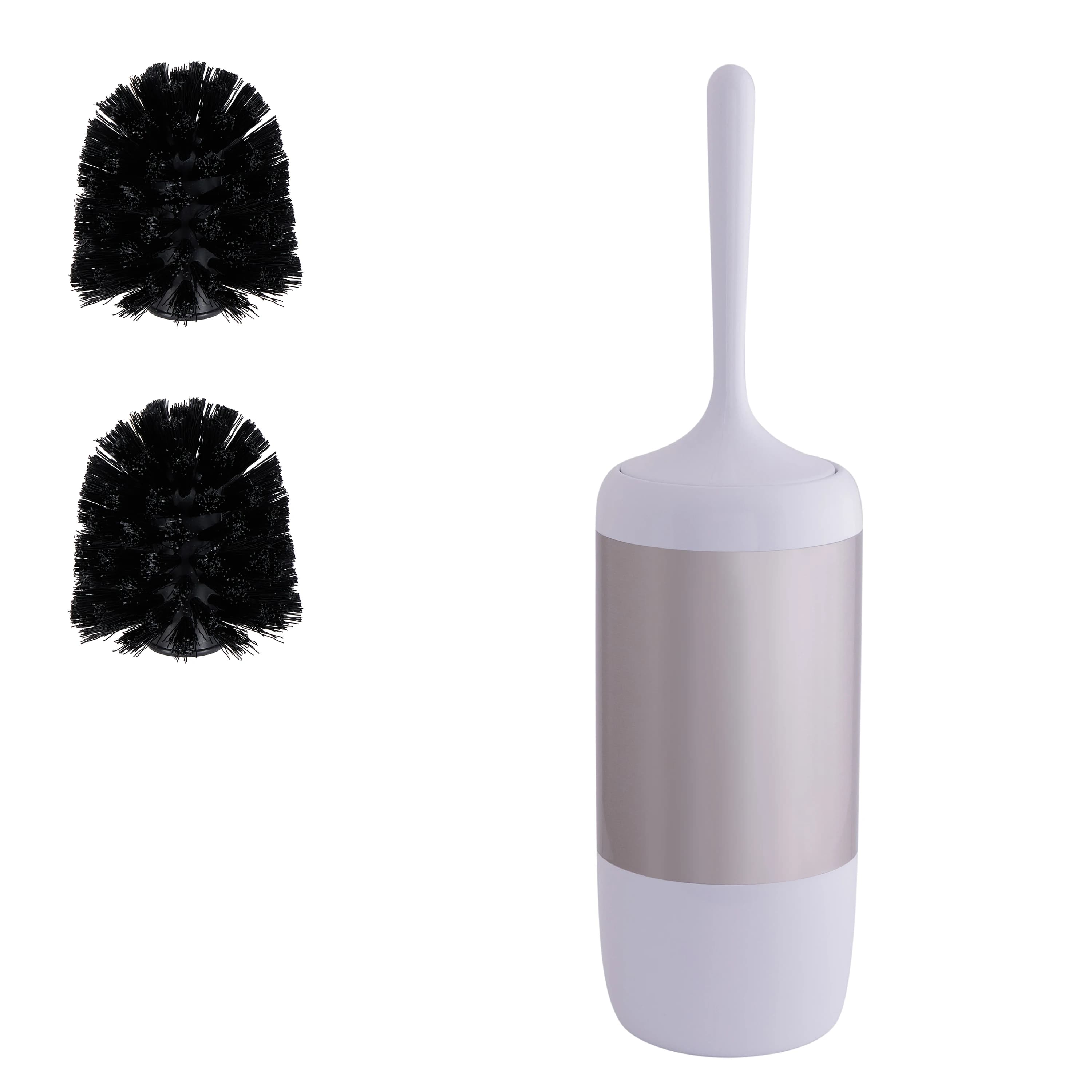 Smooth matte stainless steel toilet brush set with holder and two replacement heads in white