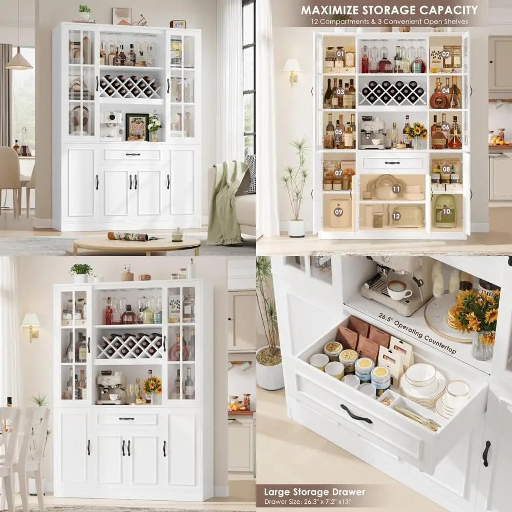 Grande armadio da cucina con anta in vetro, ripiani, espositore per vino e bicchieri, organizer per dispensa