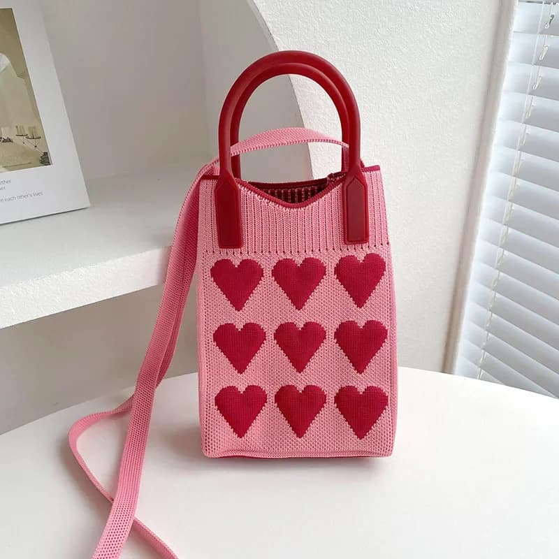 Borsa a Tracolla Mini Quadrata in Maglia con Cuore, Stile Coreano, per Donna, Piccola Borsa a Spalla per Cellulare, Borsa a Tracolla Carina da Esterno per Ragazze