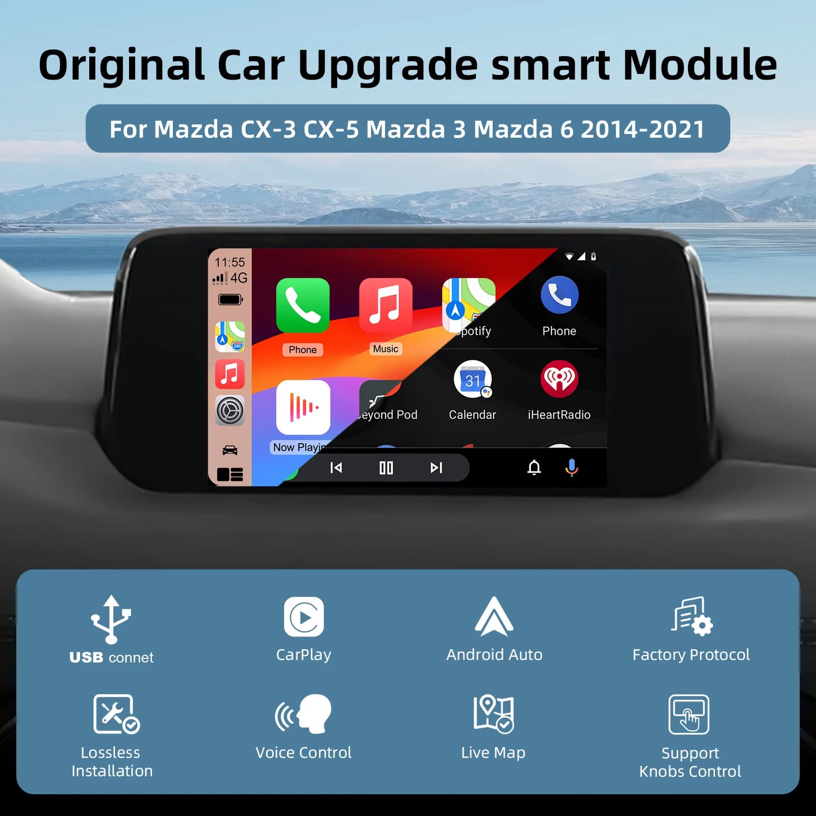 Kit Hub USB per Retrofit Apple CarPlay e Android Auto per Mazda 2/3/6/CX3/CX5/CX9/MX5 2014-2021, Aggiornamento OEM del Sistema MZD Connect