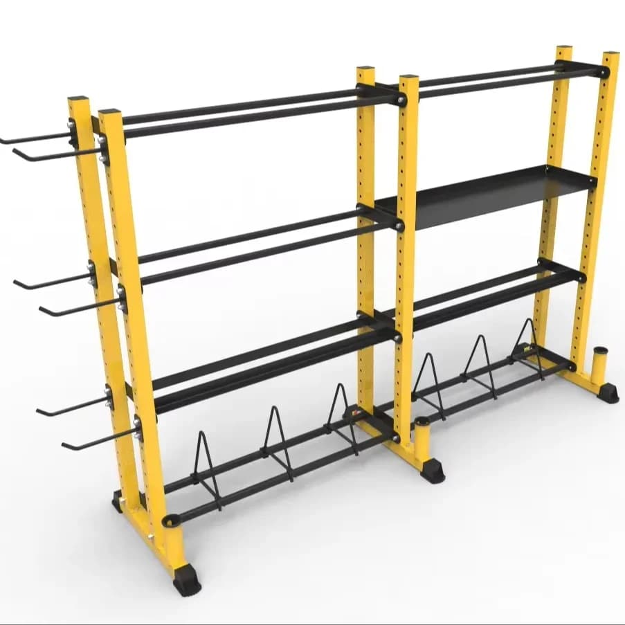 Free combination multifunction gym rack for handlebars, kettlebells, medicinal balls and shelf for plates with barbells