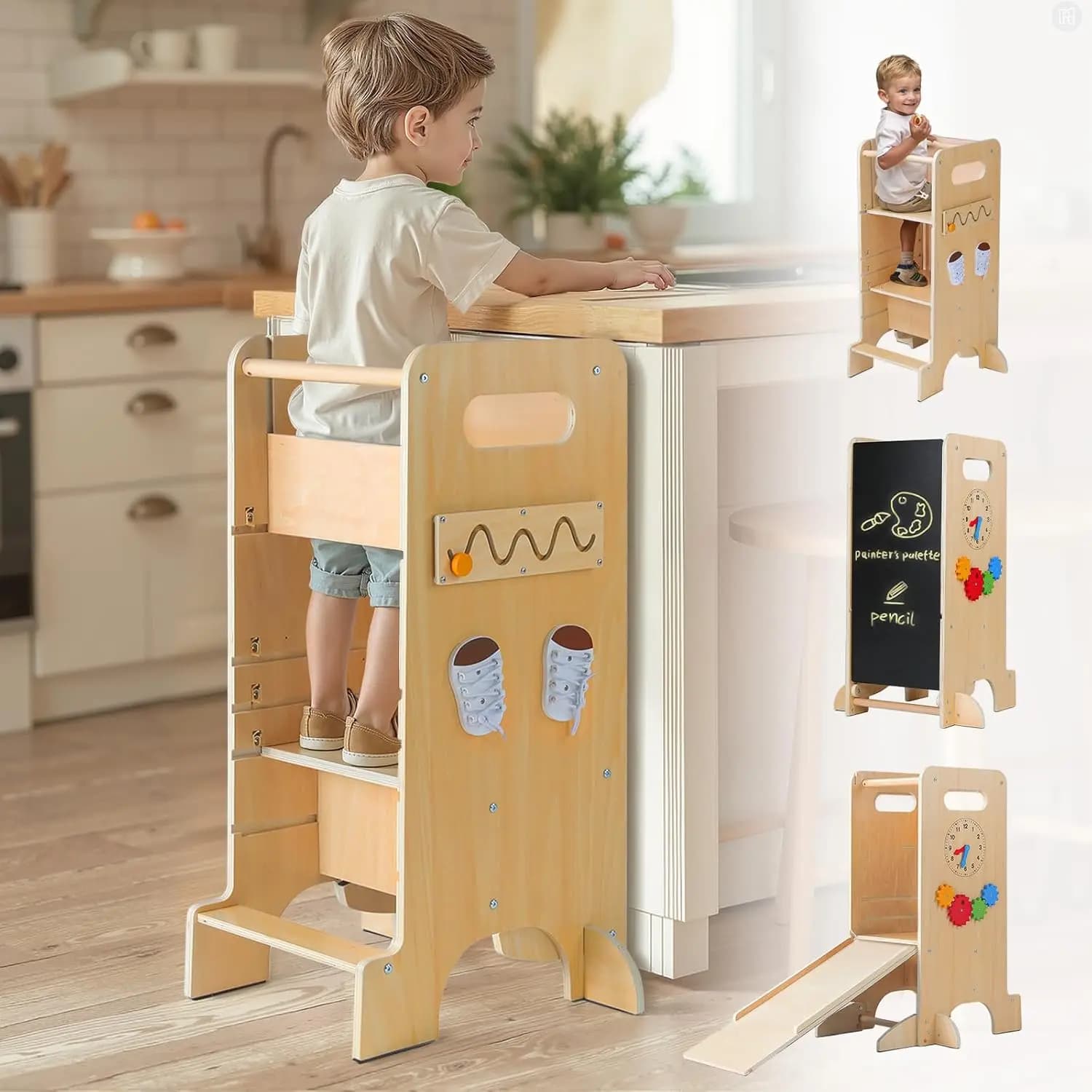 Sgabello da Cucina Multifunzionale 4 in 1 per Bambini con Pannello di Sicurezza Rimovibile, Altezza Regolabile, Seggiolone Scorrevole