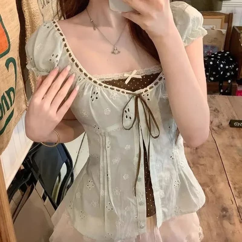 Two Blouse Women 2026 Camisas De Mujer Slim Waist Puff Sleeve Square Collar Shirts Bandage Hollow Out Summer Blouse Tops