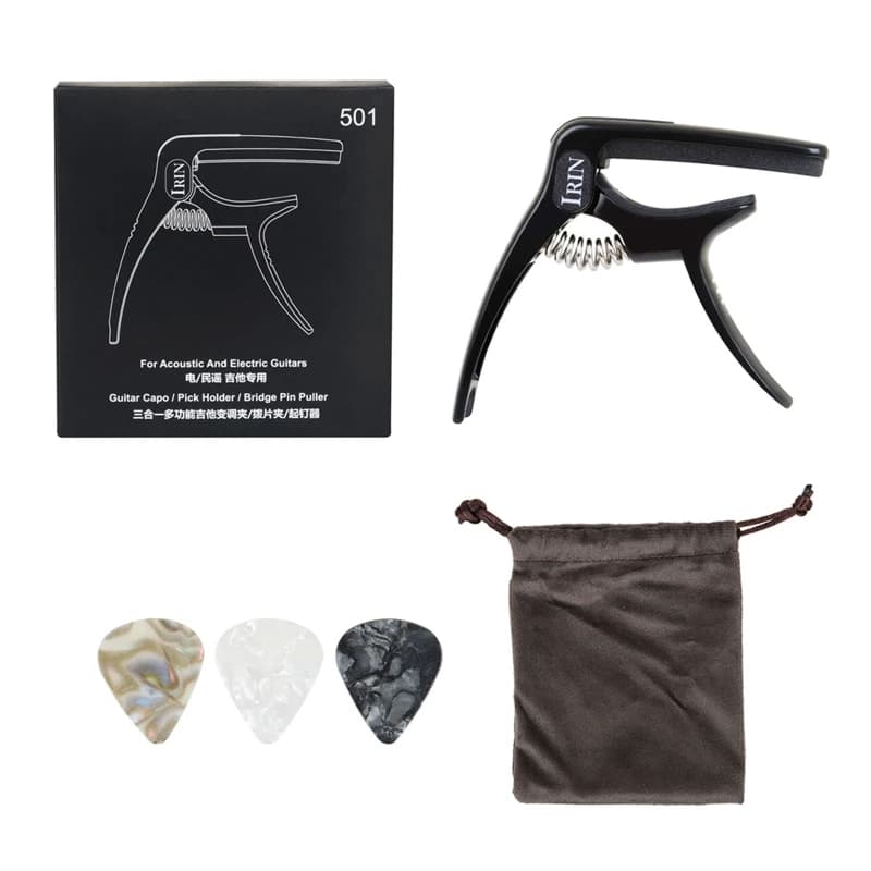 Spring-Loaded Guitar Capo with Padded Contact Surfaces, Integrated Pick Holder and Bridge Pin Remover for Acoustic and 55KD