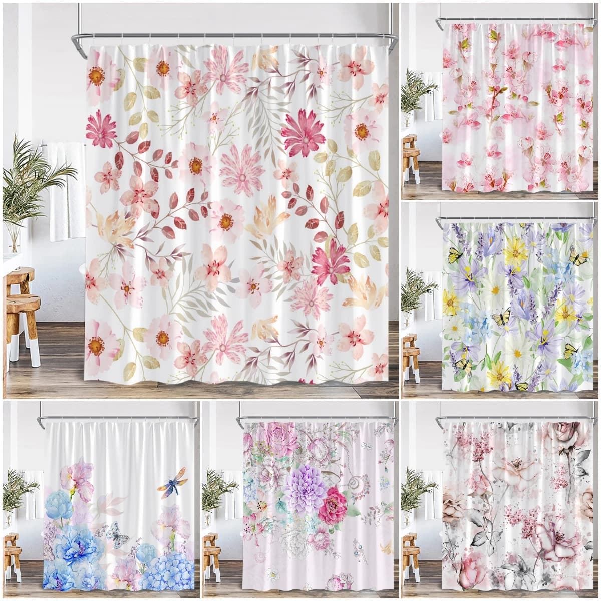 Tenda da doccia floreale rosa con fiori di ciliegio e farfalle, decorazione artistica per il bagno, tenda da bagno moderna con gancio
