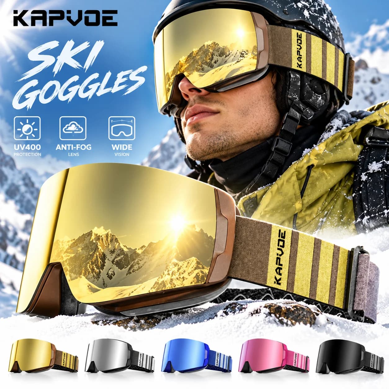 Kapvoe Snow Goggles Skiing Eyewear Ski Snowboarding Sunglasses for Women Men Anti-Fog Lens UV400 Glasses Motorcycle Glasses