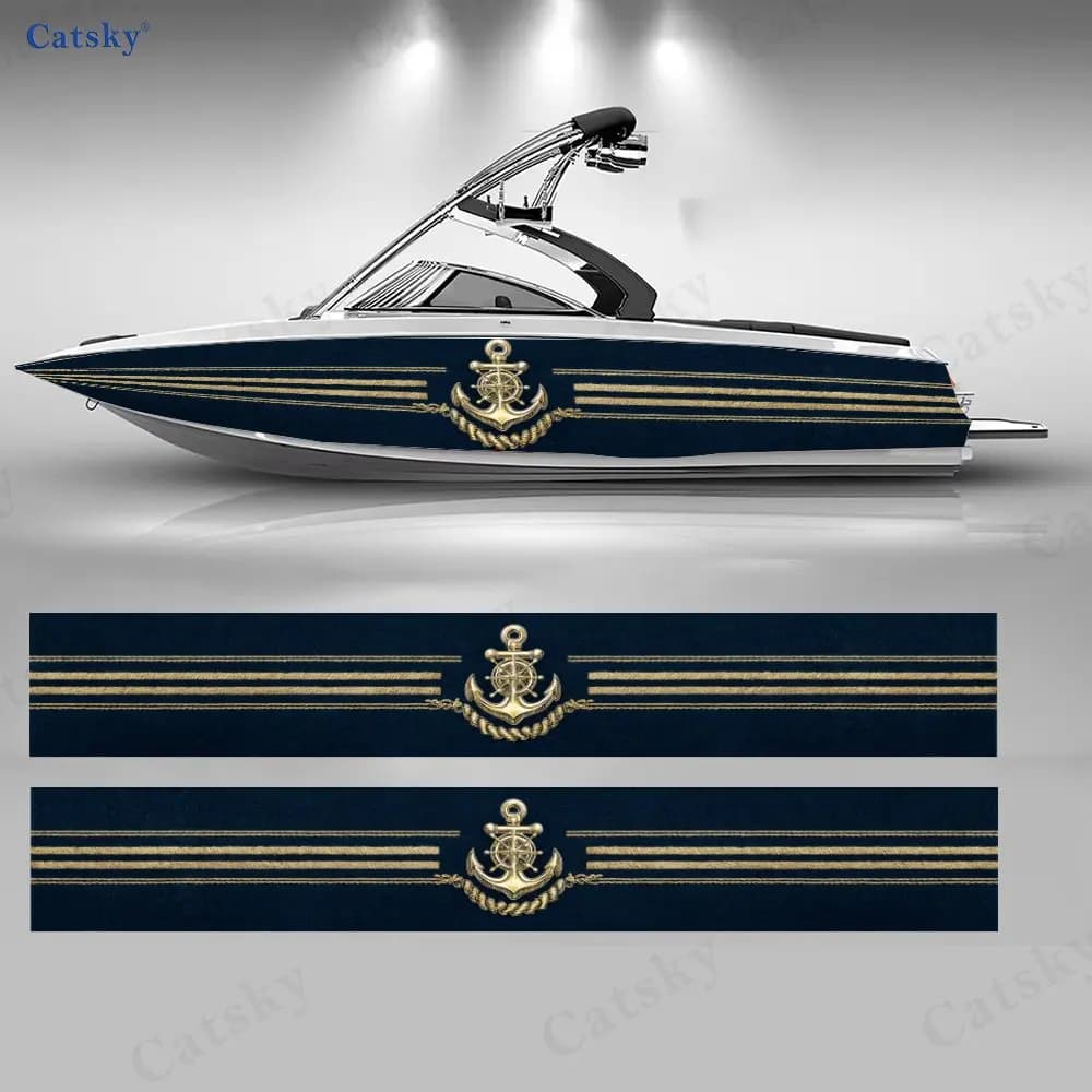 Adesivi per Barche Blu Navy e Oro con Ancora, Decalcomanie in Vinile PVC Impermeabili e Durevoli per Barche da Pesca, Design Resistente ed Elegante