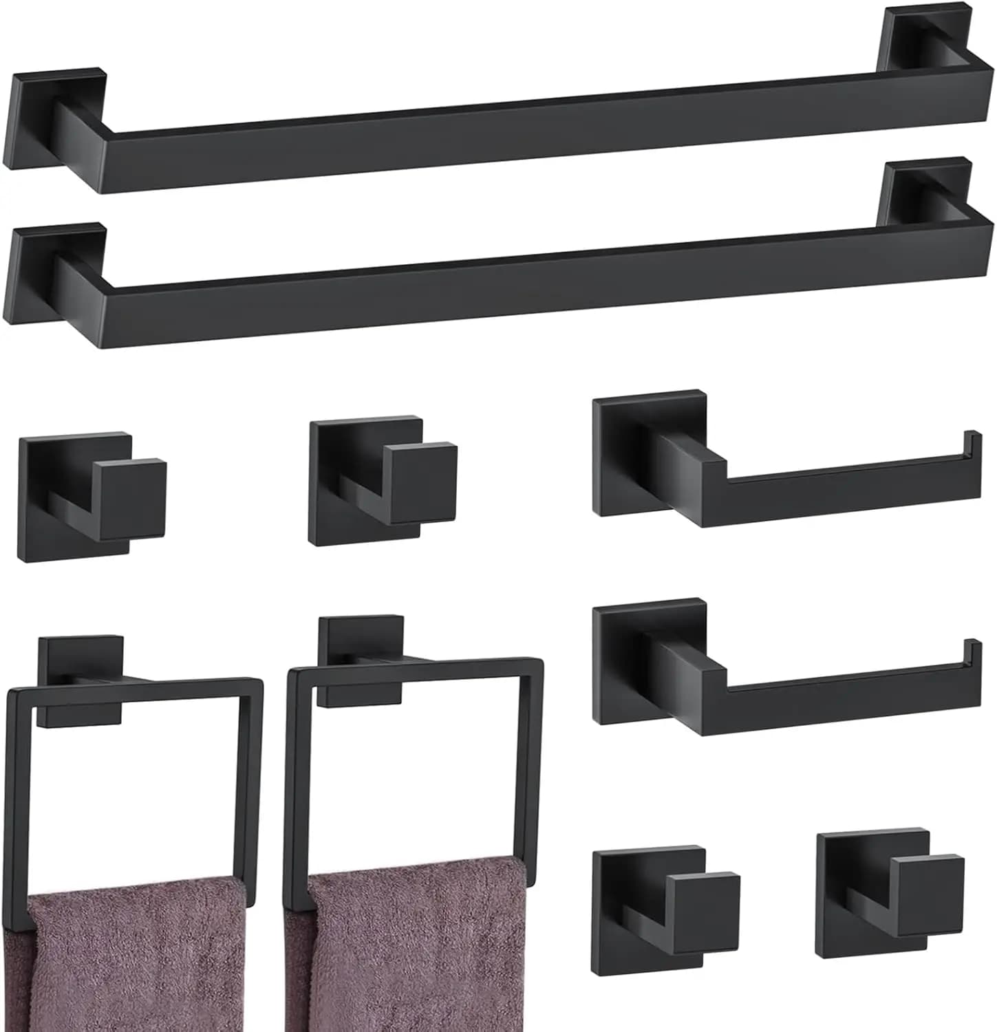 Set di accessori per il bagno in 10 pezzi, nero opaco: portasciugamani, anelli, ganci e portarotolo, acciaio inossidabile, 23,6 pollici