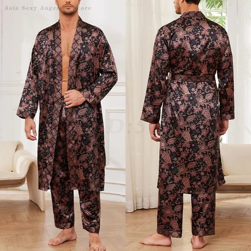 Men's Satin Nightwear Bathrobe and Pants 2 Pieces Pigiama Print Set Men's Bed Garments Kimono Long Bathrobe Synthetic Silk Dress Pigiama Home Dresses