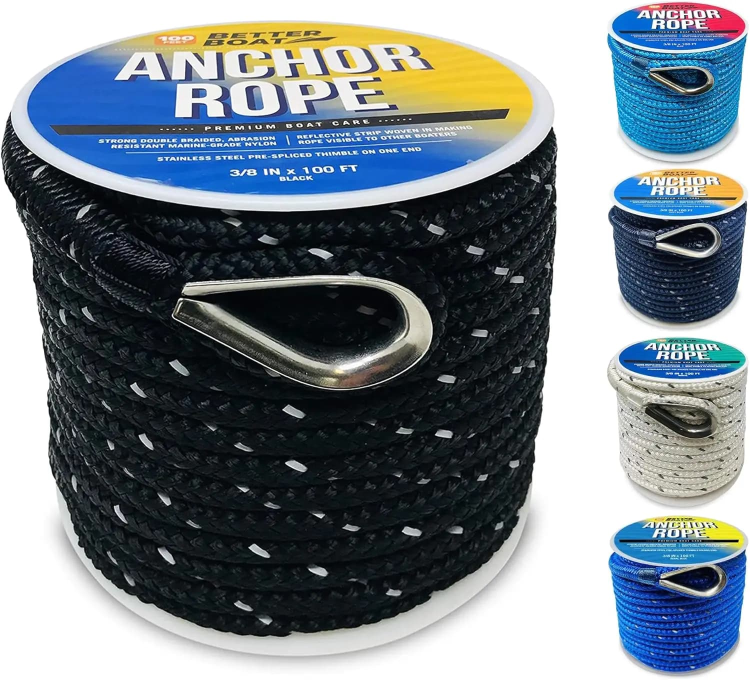 Corda Ancoraggio Premium, 30 Metri, Doppia Treccia in Nylon Bianco, Riflettente, 3/8 Pollici, su Bobina per Barche
