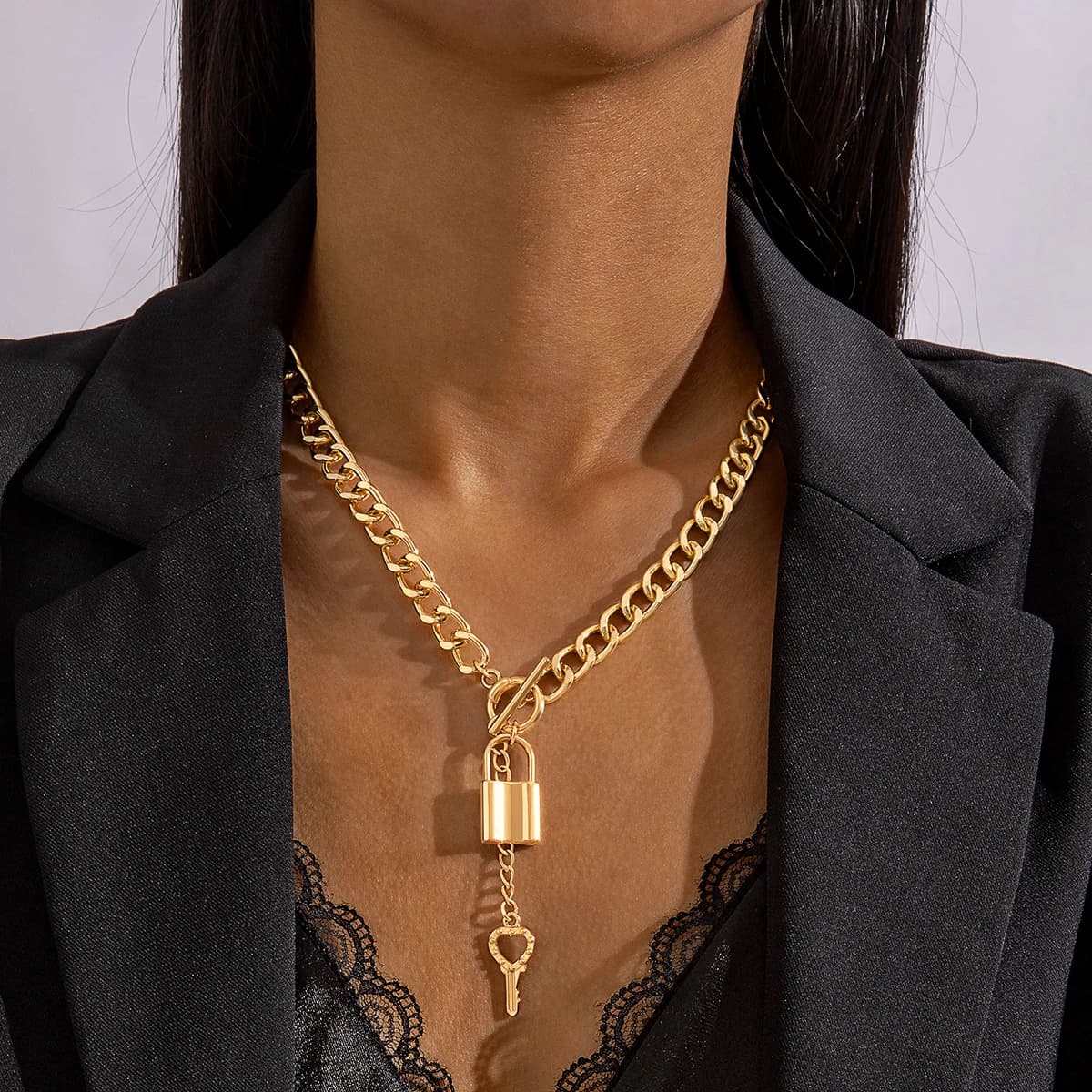 Tocona 2024 New Punk Thick Chain with Lock/Key Pendant Necklace for Women Trendy Tassel Chain Adjustable Necklace Jewelry Gifts