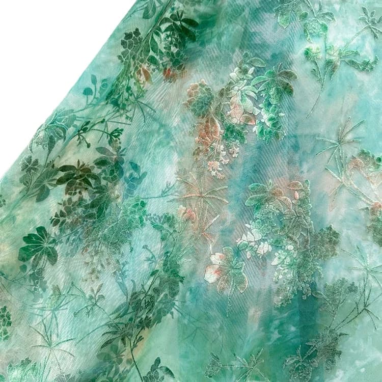 1 yard di Colore Verde Burnout Velluto di Pizzo Tie-dye Floccaggio Tessuto Africano Tulle Jacquard Tessuti per Il Vestito Abbigliamento FAI DA TE