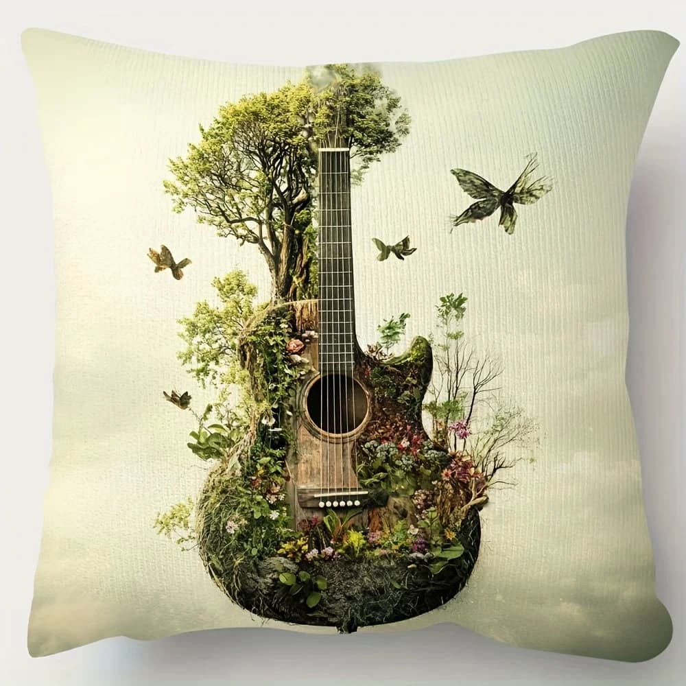 Music is My Life Guitar Double-Sided Pillowcase, Floral Butterfly and Instrument Cushion Cover with Zipper, Washable Decor Case