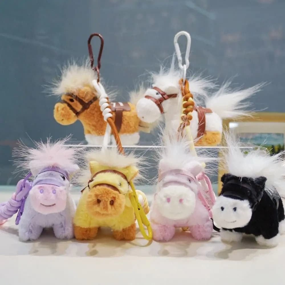 Kawaii Creative Plush Horse Keychain Fluffy Mascot Dolls Stuffed Animal Keyring Funny New Year Cartoon Steed Doll Year of Horse