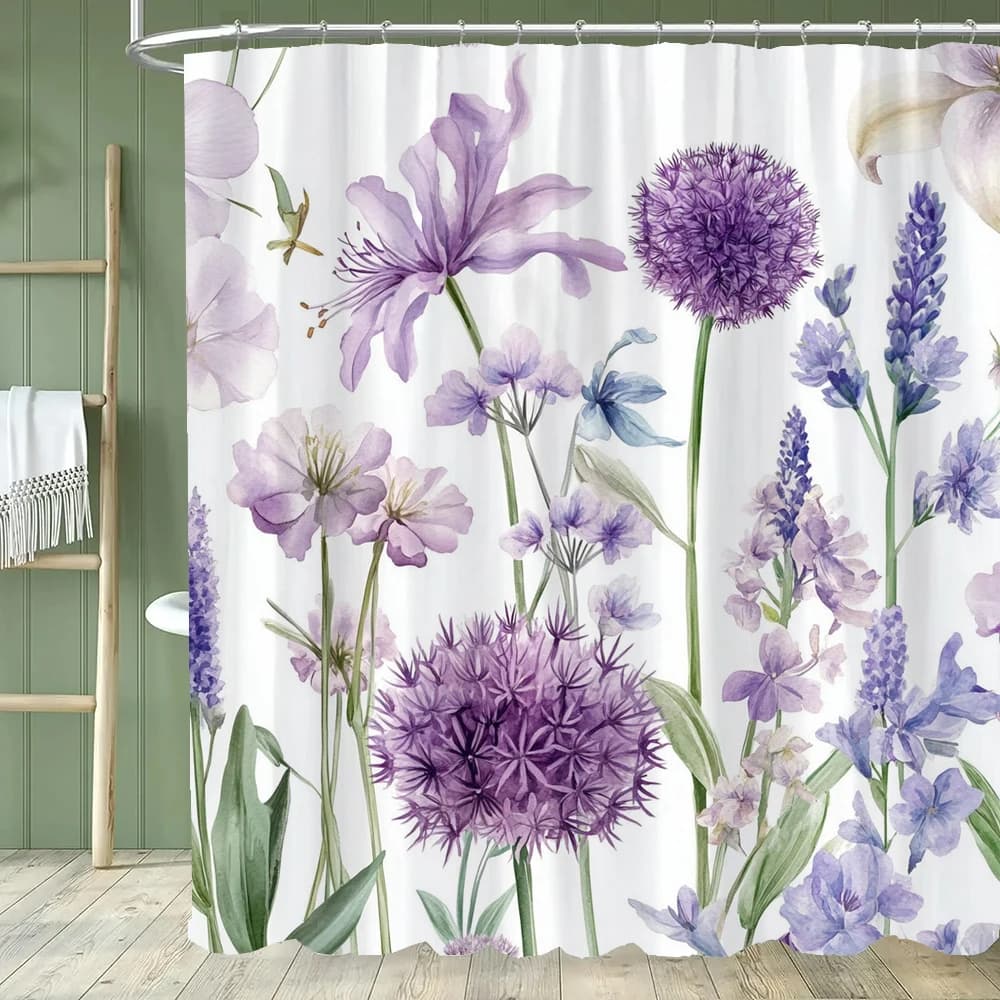 Tenda da doccia con fiori viola, tenda decorativa per bagno con fiori e piante in acquerello, tenda per la casa in poliestere con ganci