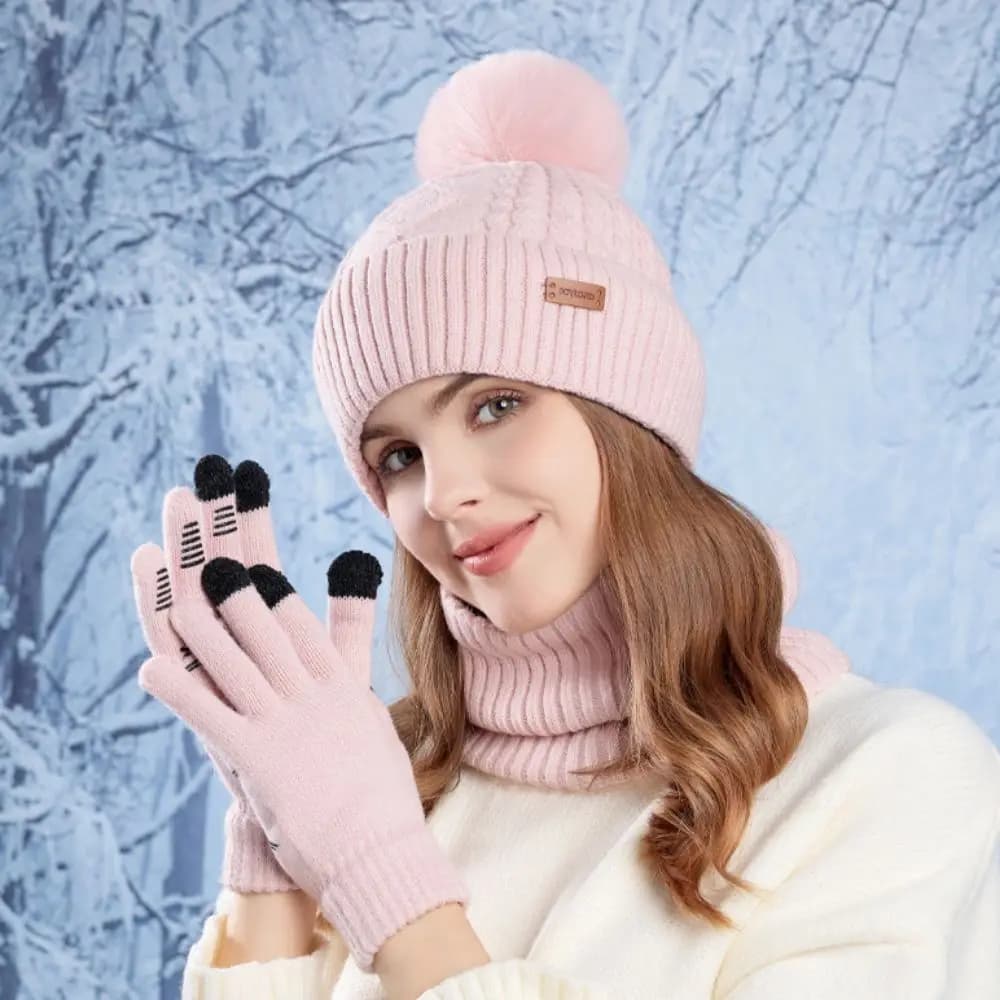 3 pieces simple hat scarf gloves set hot wool heat cap knitted fleece lined protection for neck winter cap winter hat