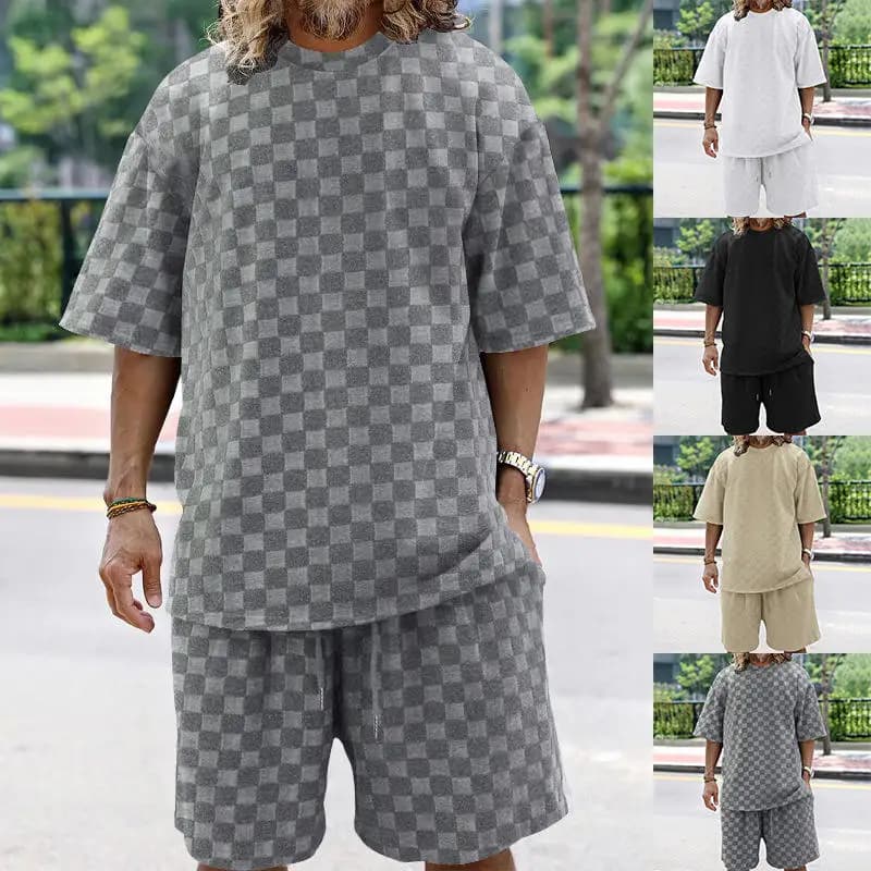 Abbigliamento Oversize Trendy da Uomo, Set Due Pezzi Sportivo Casual con Motivo a Scacchi Ricamato, T-Shirt Estiva a Maniche Corte