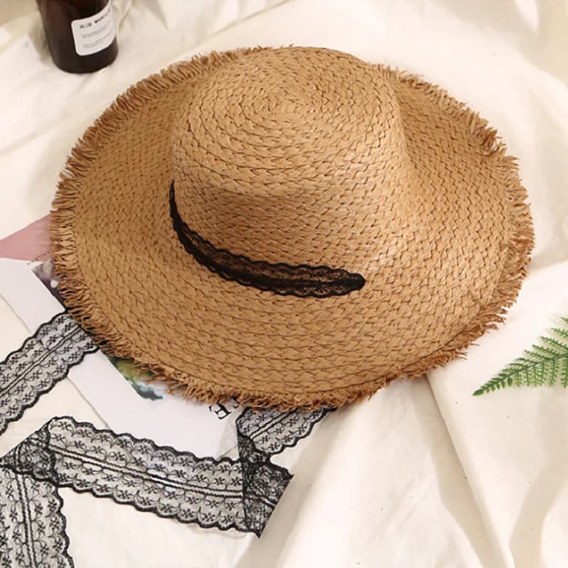 Lafite straw hat with ribbon for holidays at the sea by women summer sun hats hand braided hat with lace ribbons hat for sun protection for holidays