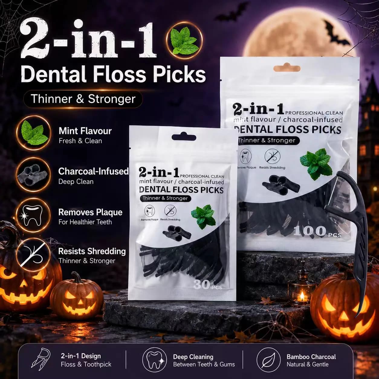 30+100Pcs Bamboo Charcoal Floss Sticks Portable Disposable Teeth Cleaning Sticks Daily Oral Hygiene Tools