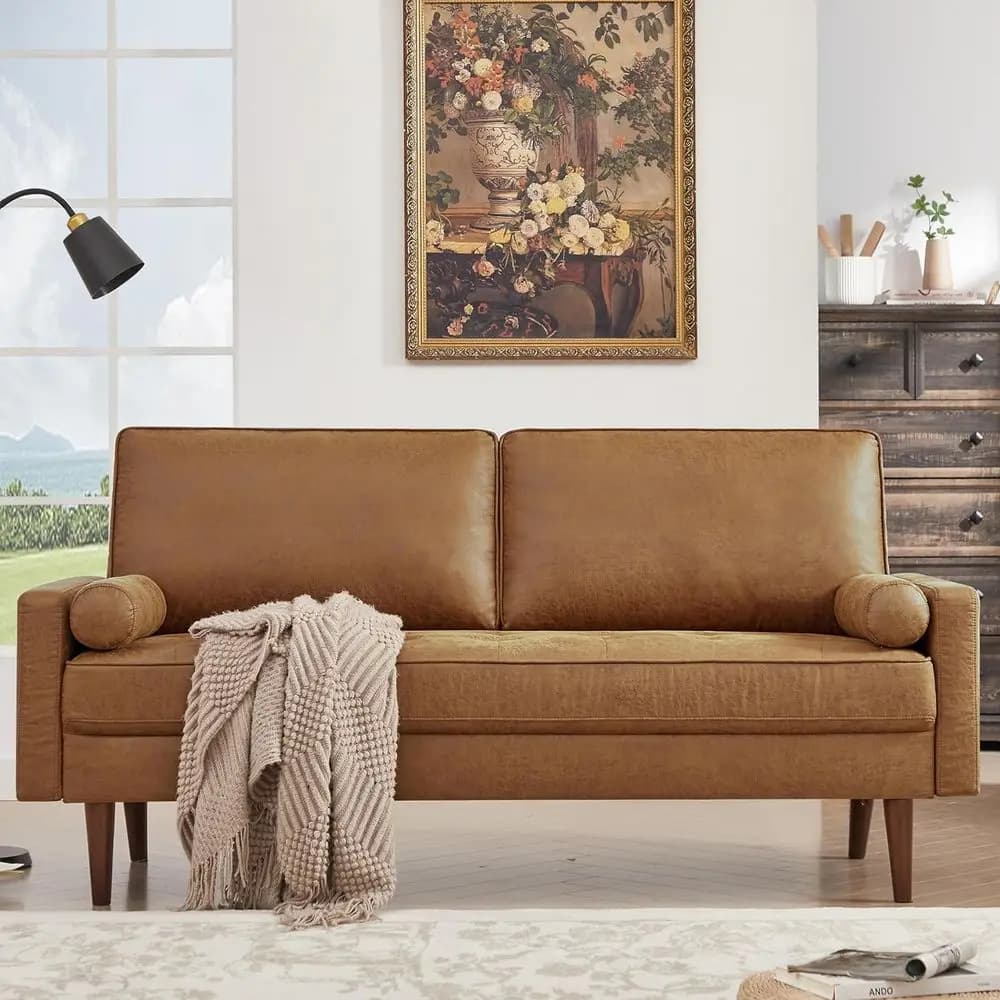 Divano in Pelle 68 con Seduta Profonda, Divanetto, 2 Cuscini, Gambe in Legno Massello, Ideale per Piccoli Spazi, Facile Montaggio, Marrone