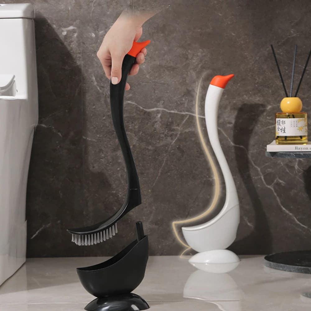 Divertente scopino per WC con cigno con manico lungo Spazzola per pulizia WC bianca nera Accessori per il bagno Strumento per la pulizia della curva in plastica da 45 cm